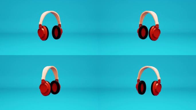 蓝色背景上3D耳机的美丽动画。3d渲染运动卡通风格音乐技术概念粉彩场景