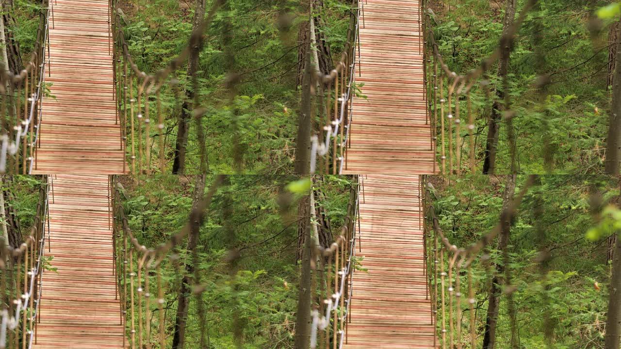 坦桑尼亚国家公园森林中的空木吊桥。库存镜头。美丽的木制吊桥步步后摇晃