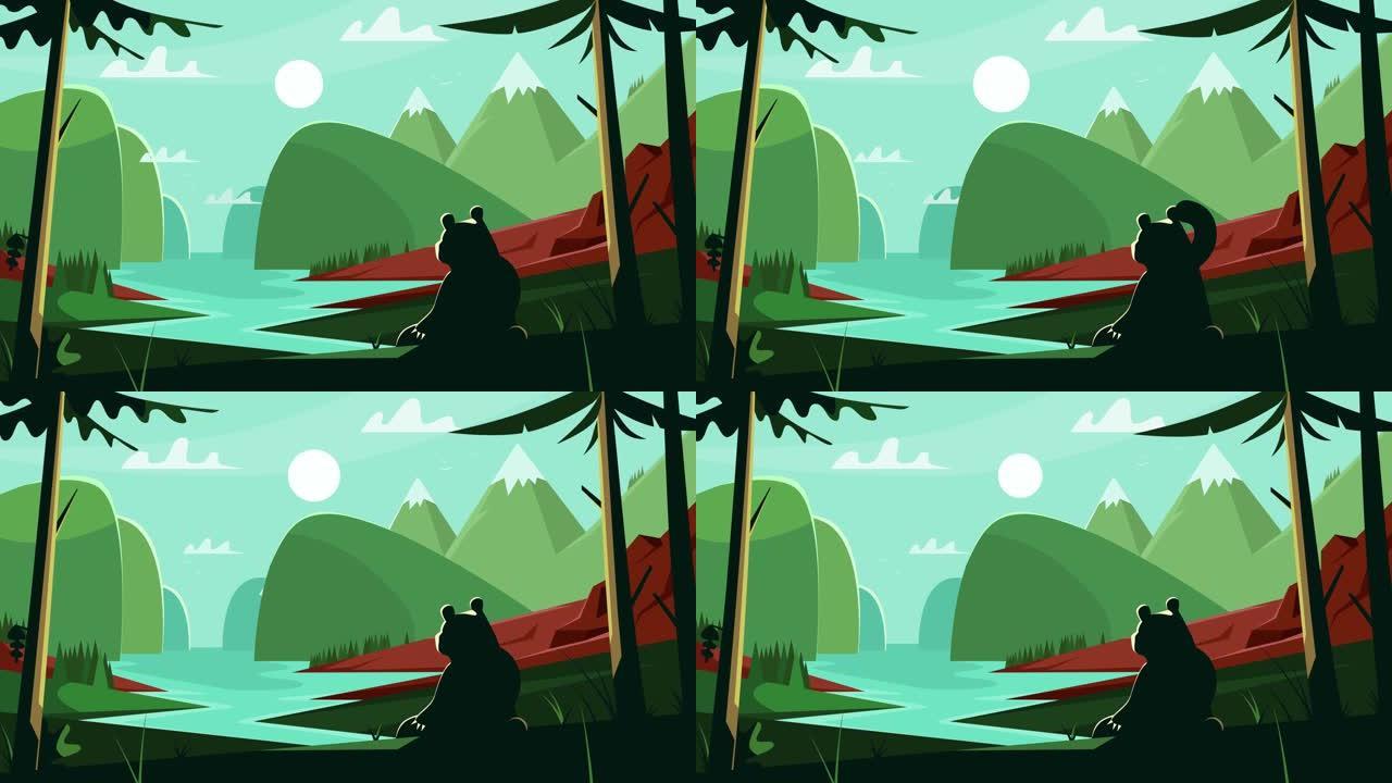 从森林深处俯瞰宁静的河谷。一只熊的剪影看着自然的夏日风景。