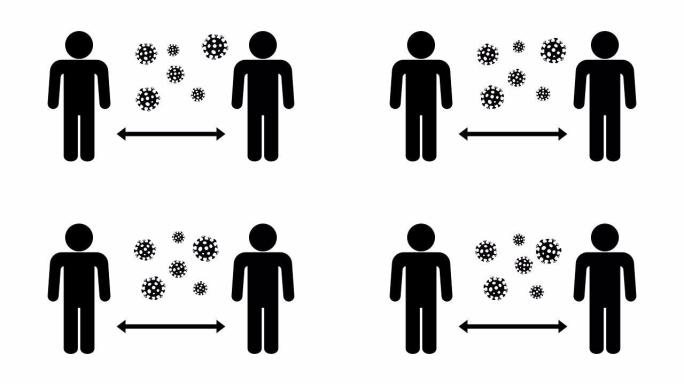 社会距离保护免受新型冠状病毒肺炎冠状病毒疫情传播的概念。人们保持距离。病毒病原体。运动动画。