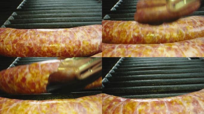 香肠放在烧烤烤架上的宏观照片