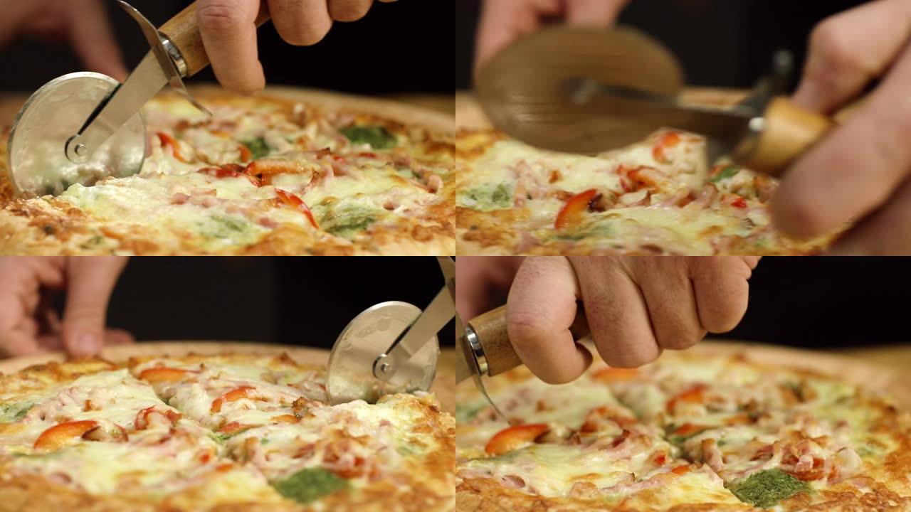 披萨的特写是用圆刀切开的。库存镜头。美味的热披萨是用专业圆刀切成光滑的切片