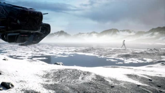 宇航员降落在一个新的未知星球上，覆盖着冰雪。幻想、未来或太空旅行背景的动画。