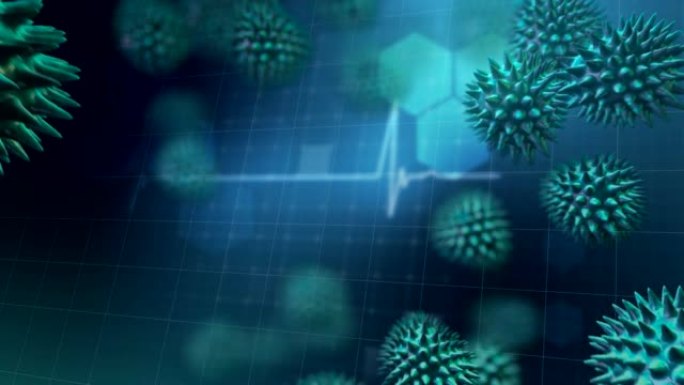 宏冠状病毒的动画新型冠状病毒肺炎细胞在心率监测器的读出上扩散