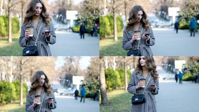 穿着风衣的女人走路，喝纸杯咖啡