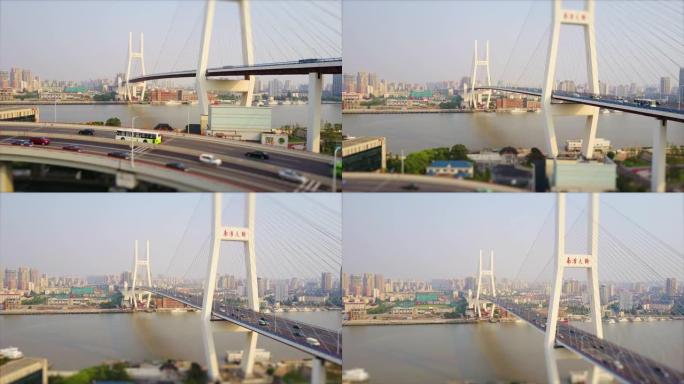 晴天上海城市著名交通环线空中俯视图4k倾斜移位中国