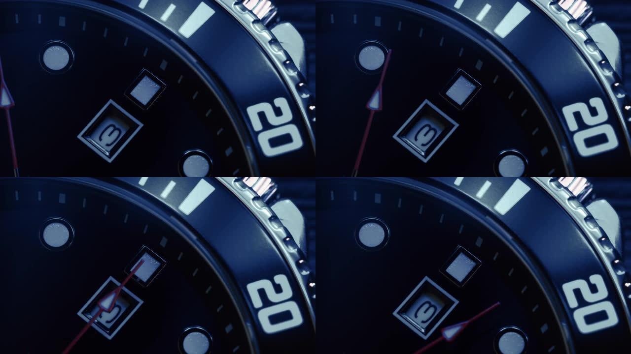 二手手表的宏观拍摄。钟面机架聚焦。计时码表或计时器特写。时间概念。4k