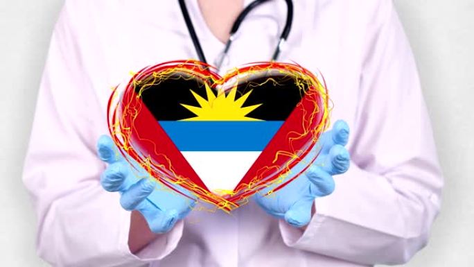 特写镜头。医生身穿白大褂，手持蓝手套，绘有安提瓜和巴布达旗帜的跳动心脏。医生们正在与全球流行的冠状病