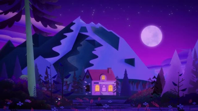 可爱的紫色砖房，在神话般的紫蓝色针叶林中带有瓷砖屋顶。可怕的岩石后面苍白的月亮昏暗地照亮了神话般的风