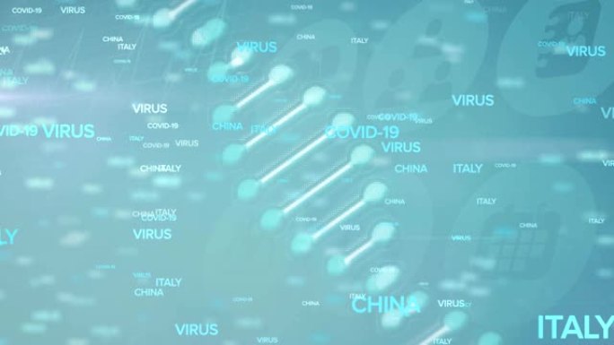 蓝色背景上带有浮动国家名称和社交图标的DNA菌株旋转的动画