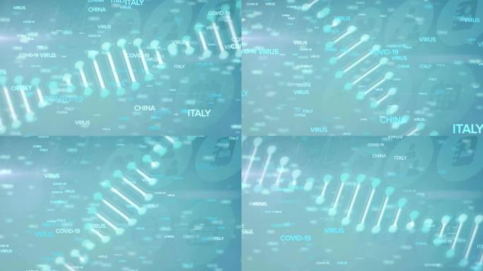 蓝色背景上带有浮动国家名称和社交图标的DNA菌株旋转的动画