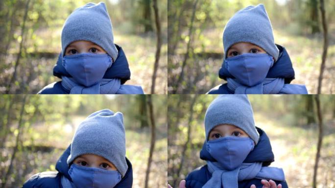 男孩走在面具保护病毒