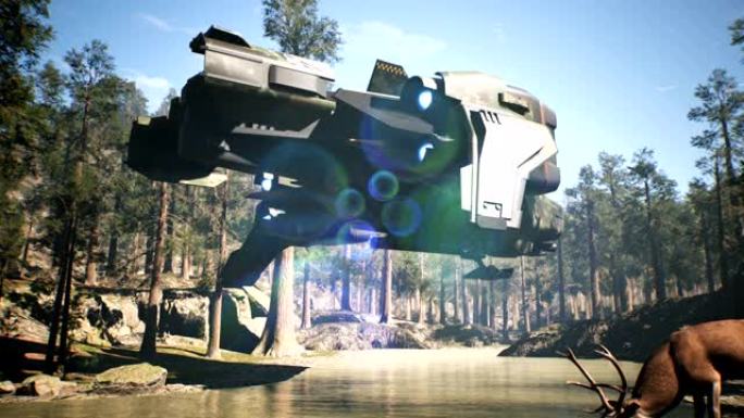 一艘军用宇宙飞船从美丽的绿色星球上的森林发射。幻想、未来或太空旅行背景的动画。