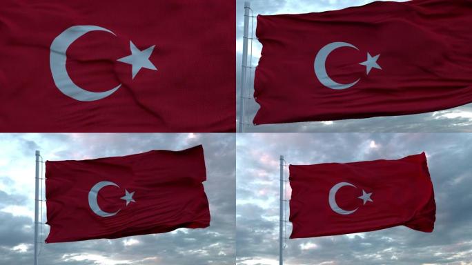 土耳其国旗迎风飘扬，映衬着深邃美丽的天空