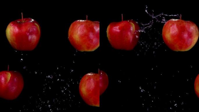两个红苹果在黑色背景上碰撞并引起水飞溅
