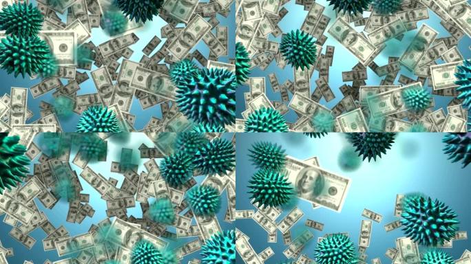 宏新型冠状病毒肺炎单元格和美国美元钞票浮动的动画。