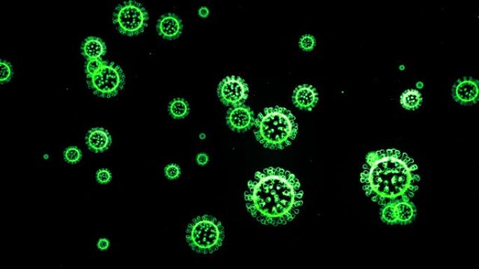 像新型冠状病毒肺炎病毒或流感病毒一样的冠状病毒的绿色发光全息图像在空中飞行或在黑色背景上平滑漂浮。4