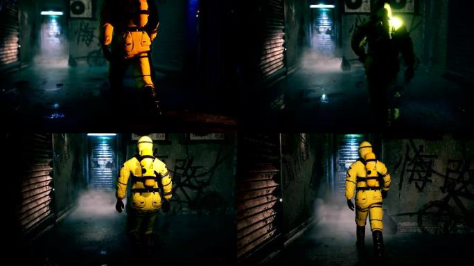 一名身穿细菌防护服的医生回家了。穿着黄色防护服和防毒面具的人。