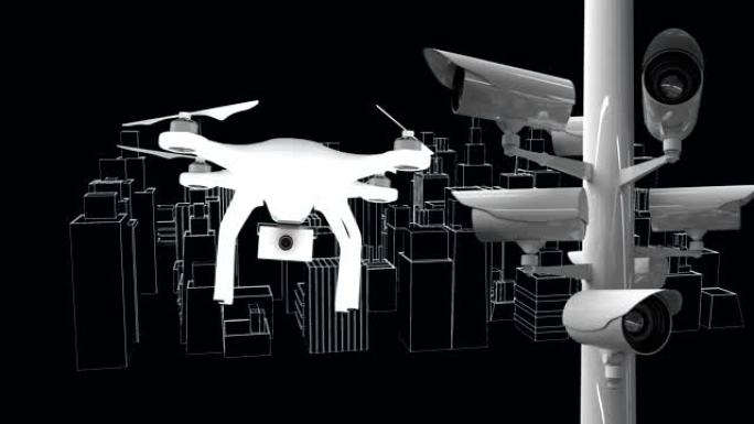 3d白色轮廓建筑模型旋转和无人机飞行的动画