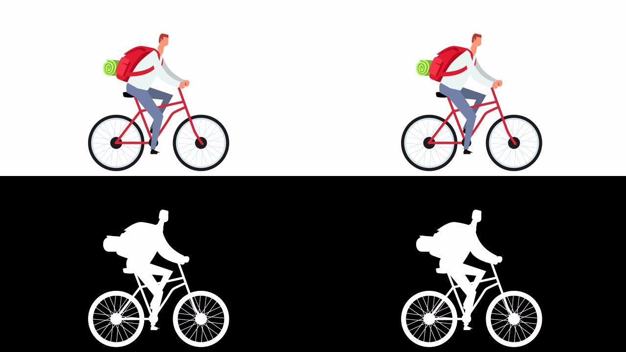 平面卡通棒人物彩色人物自行车带背包旅行亮度哑光