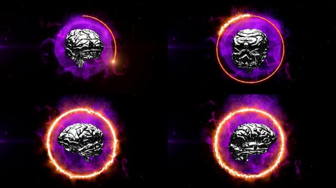 3d金属人脑在黑色背景上发光的紫色地球仪上旋转的动画