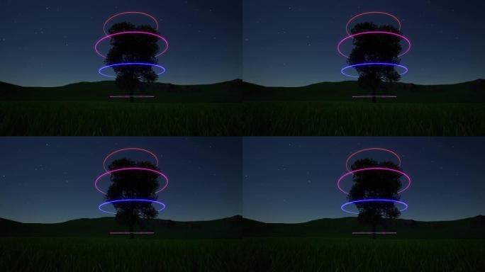 梦幻未来景观霓虹灯树。霓虹灯圈。科幻小说。繁星点点的夜空。4k