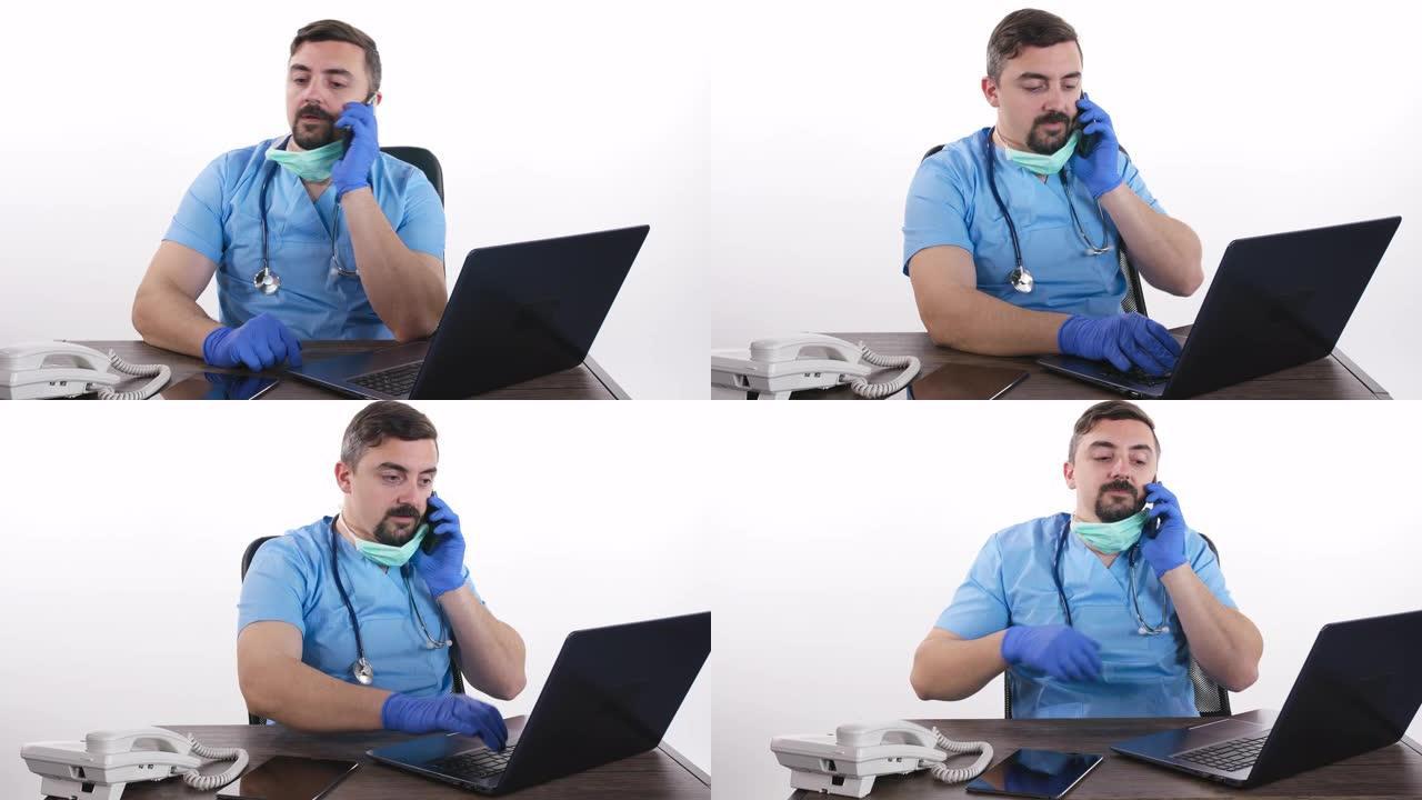 男性医生用听诊器在白色背景上与他的智能手机通话