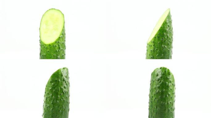 绿色黄瓜对角垂直旋转，缓慢旋转成一圈，靠近。