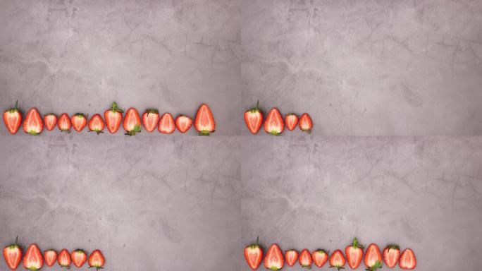 新鲜和有机草莓在底部停止运动中快速出现和消失