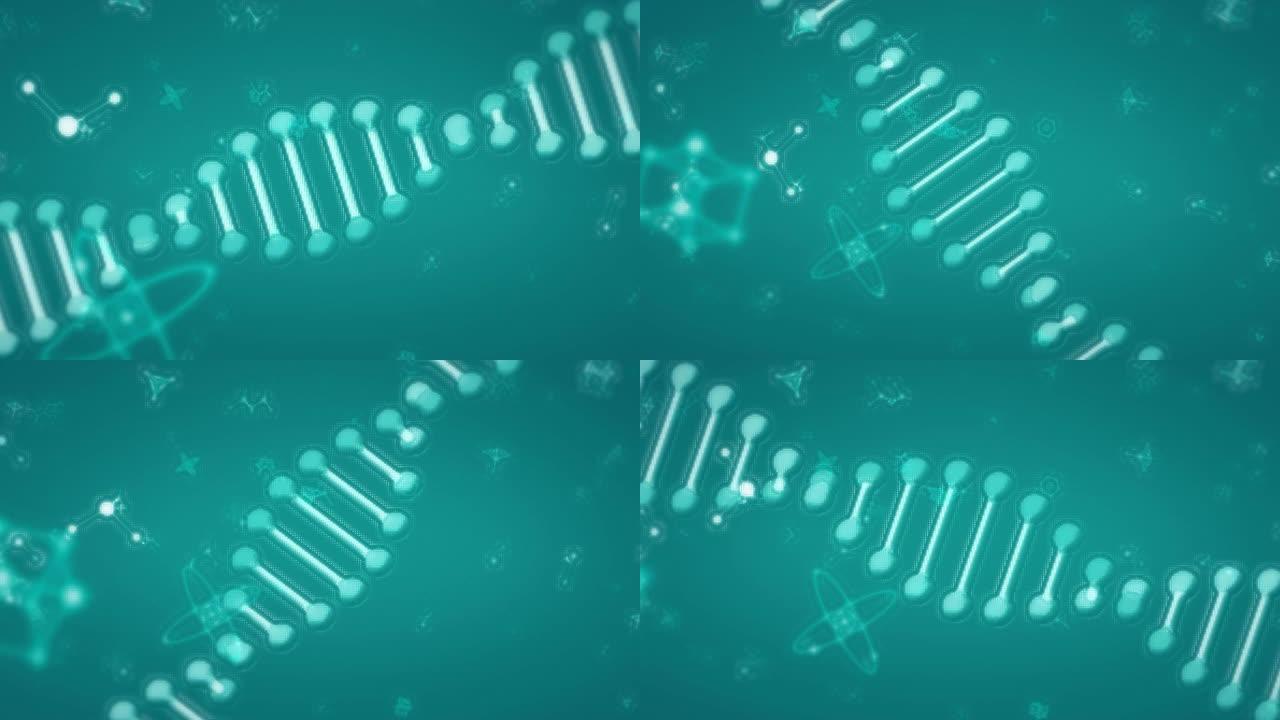蓝色背景上漂浮的多种化学元素和DNA菌株的动画