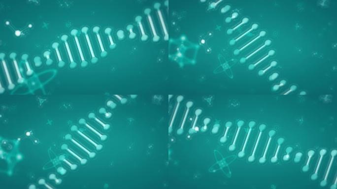 蓝色背景上漂浮的多种化学元素和DNA菌株的动画