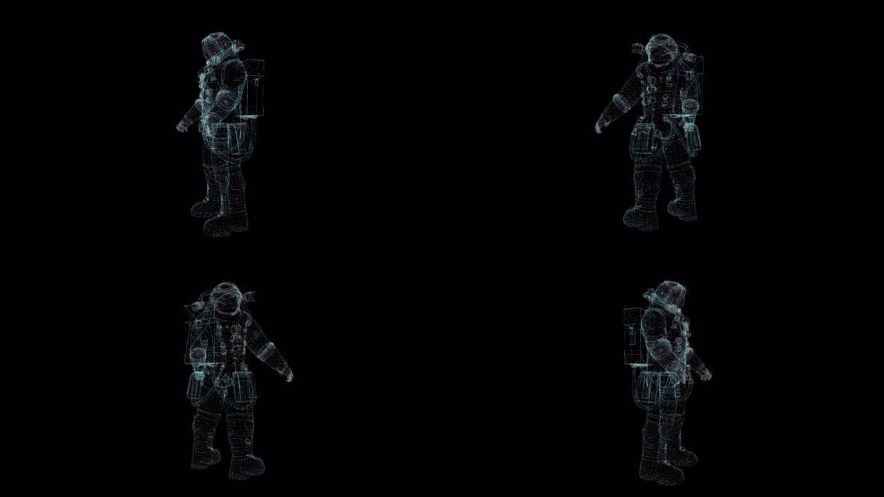 宇航员全息图线框。黑色背景上的漂亮3D动画，未来项目的无缝循环
