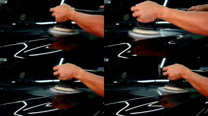 汽车细节-男士正在使用机械汽车抛光机维护去除痕迹根据汽车油漆的表面修复，然后继续涂覆陶瓷