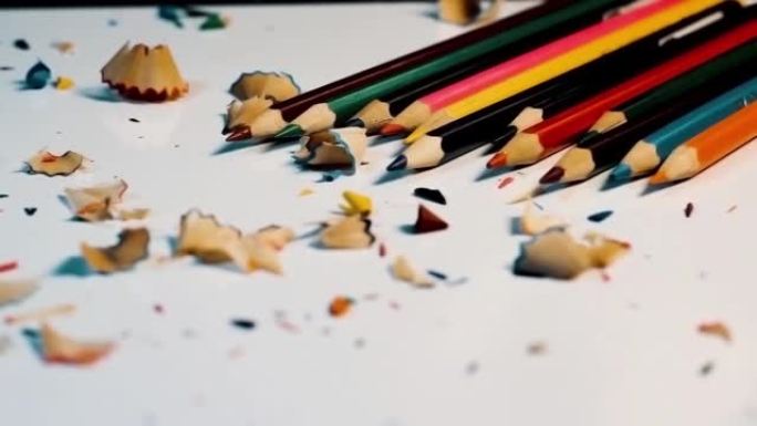 蜡笔。彩色铅笔。白色背景和木屑上的彩色铅笔和刨花。
