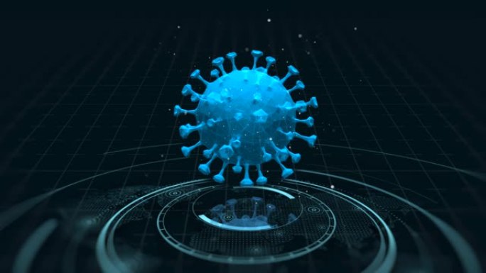 4k冠状病毒动画和未来医学用户界面与HUD和信息图表元素。虚拟技术背景