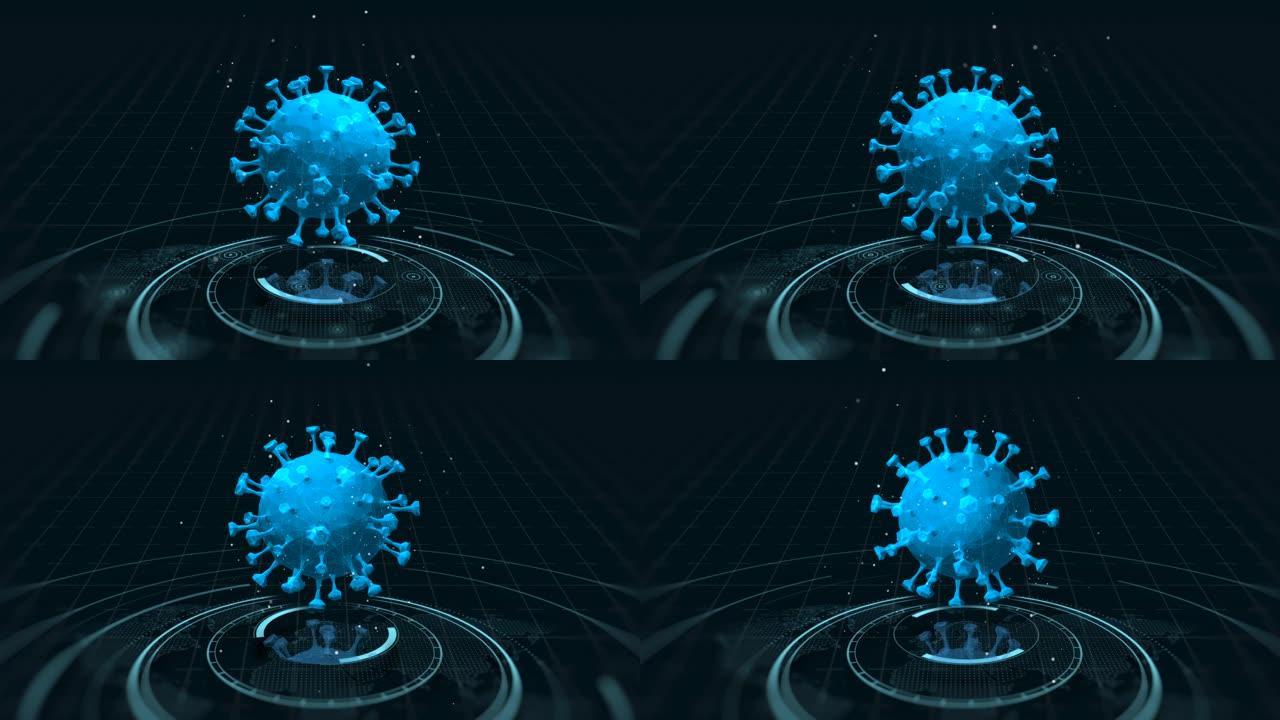 4k冠状病毒动画和未来医学用户界面与HUD和信息图表元素。虚拟技术背景
