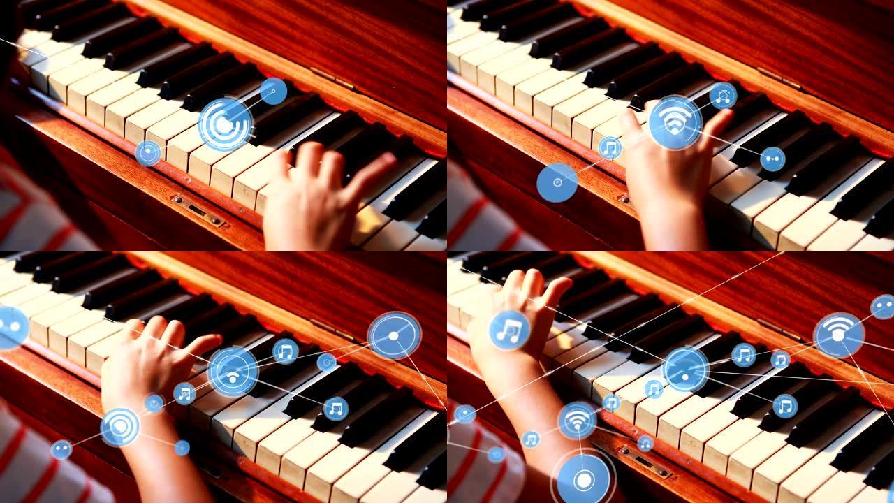 一个孩子在背景中连接的点网上弹钢琴的动画。