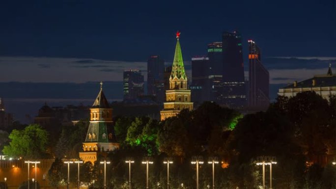 夜光莫斯科著名克里姆林宫现代城河畔湾全景4k延时俄罗斯