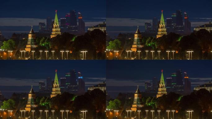 夜光莫斯科著名克里姆林宫现代城河畔湾全景4k延时俄罗斯
