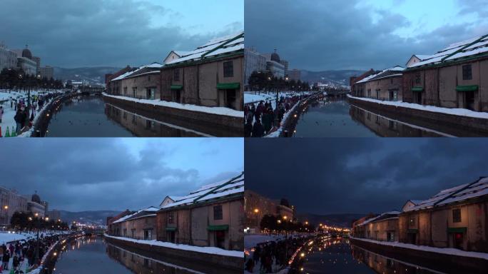 日本北海道小樽: 小樽运河。时间推移拍摄日落到晚上。