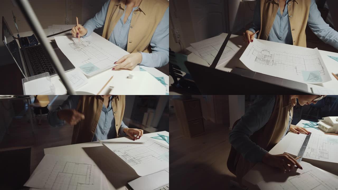 女建筑师在办公桌上纸上绘制施工计划