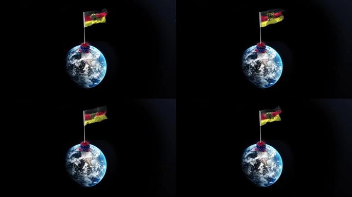 冠状病毒新型冠状病毒肺炎被德国击败，德国国旗在4k分辨率的旋转地球上挥舞着被拆除的病毒
