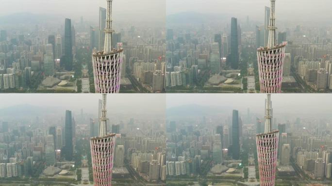 日落时间广州市市中心著名塔顶空中全景4k中国