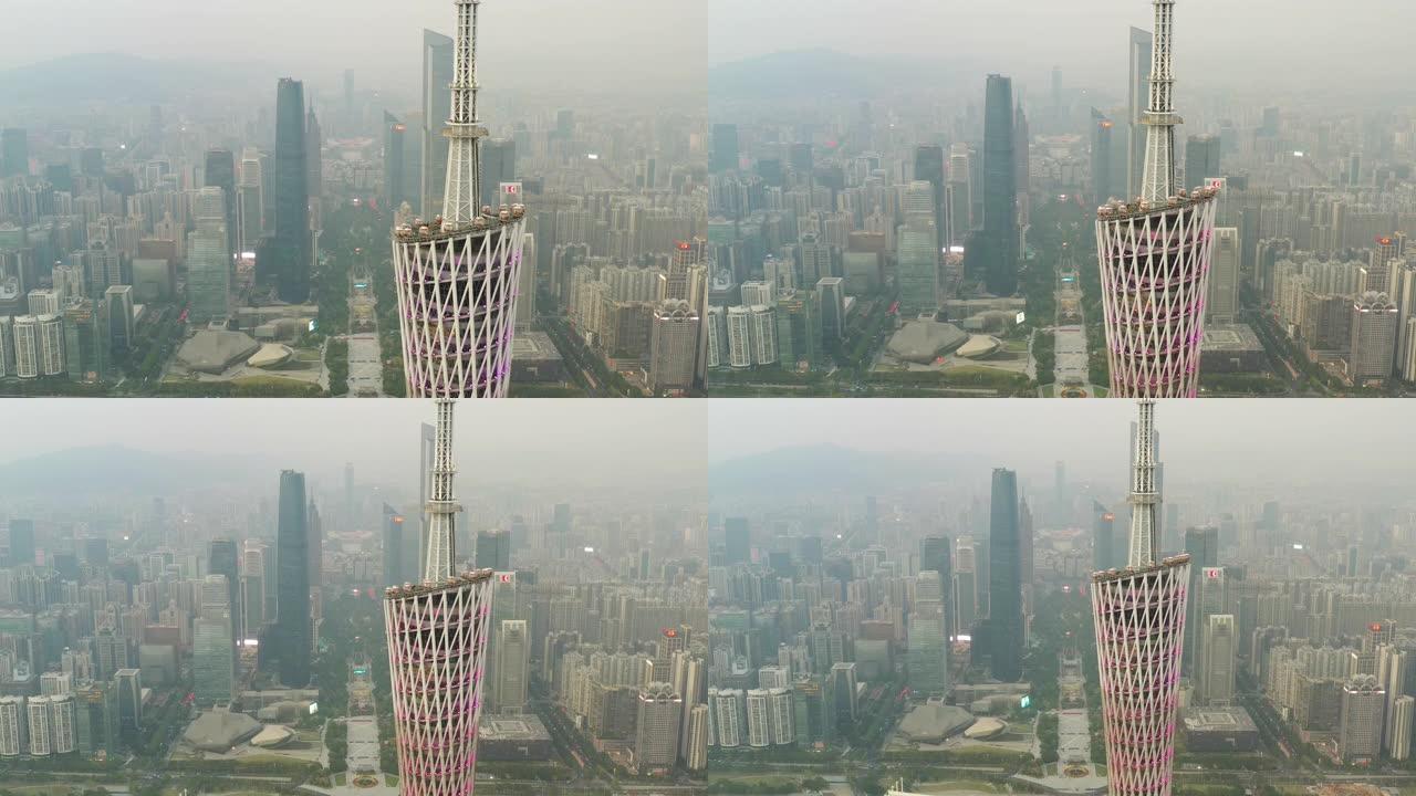 日落时间广州市市中心著名塔顶空中全景4k中国