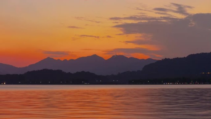 日落时间杭州市著名的湖山湾延时全景4k中国