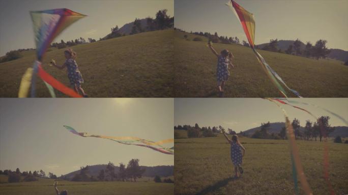 复古，小女孩带着风筝跑来跑去