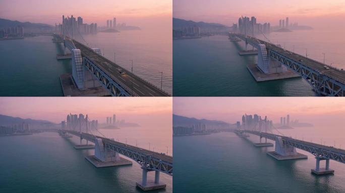 鸟瞰图韩国釜山广加利海滩广安代大桥近距离交通状况的超失误4k