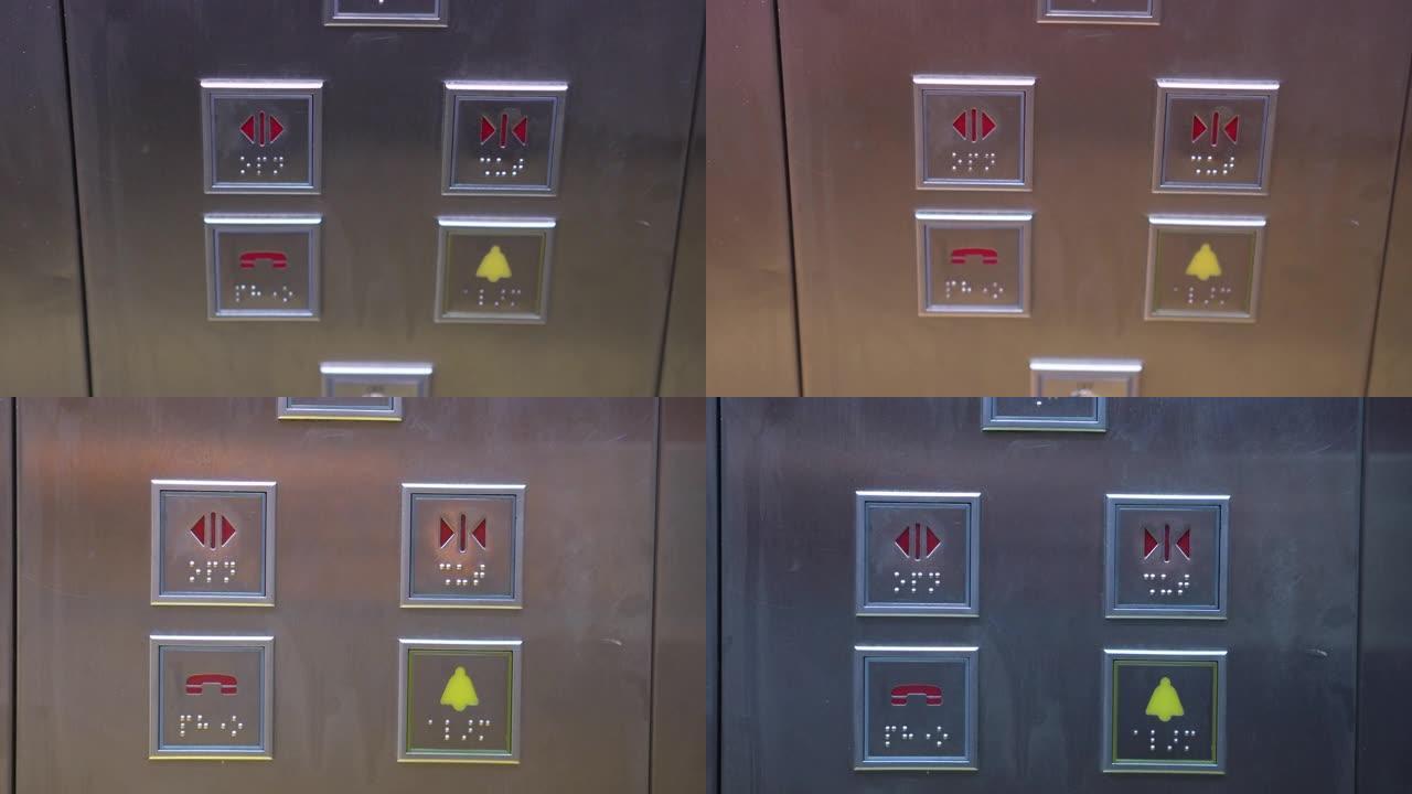 两张橡胶手套手按下电梯按钮