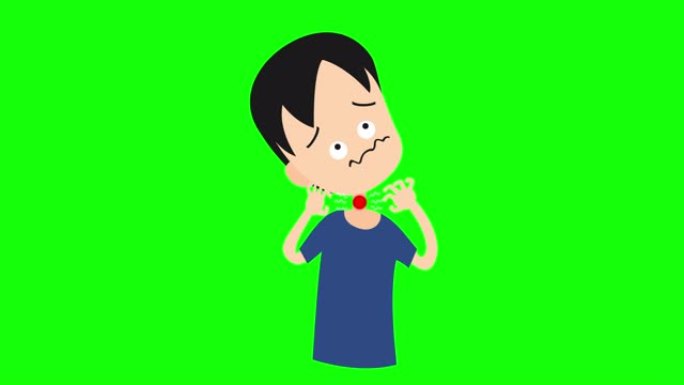 动画男人卡通是喉咙痛的冠状病毒，新型冠状病毒肺炎或2019-nCov症状，大流行和病毒意识概念，在绿