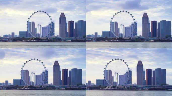 延时视频4K，新加坡摩天轮和商业金融区的美丽时刻，新加坡2020年2月2日市中心的现代建筑。